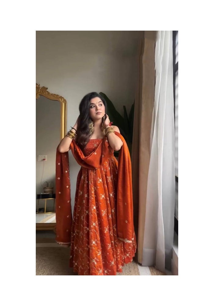 Malishka Export Kesriya Orange Anarkali Kurta Pant Set for Women - Image 1